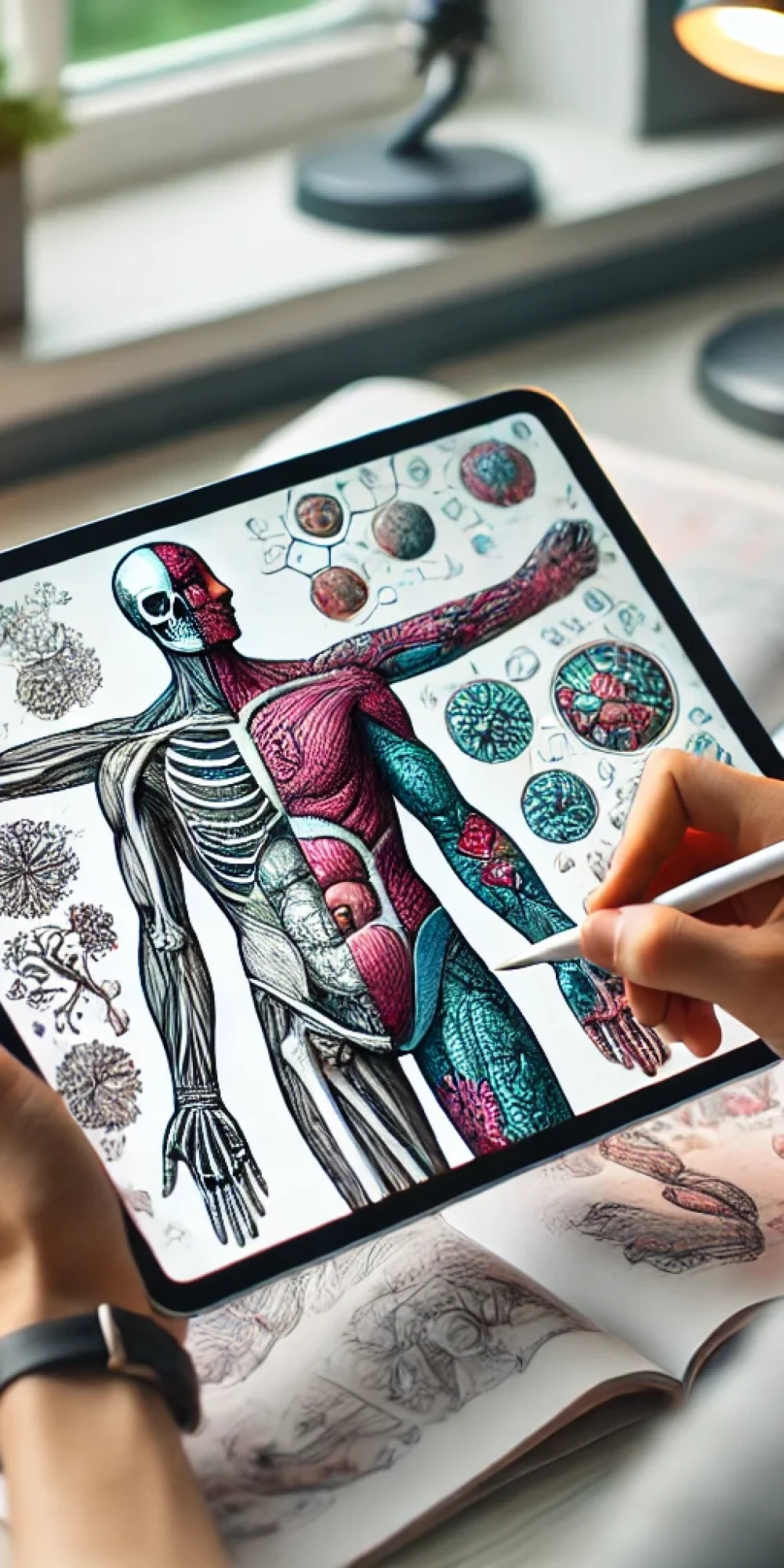 DALL·E 2024-09-24 21.14.29 – A visually engaging image for a sales page header. The scene shows a student studying anatomy with an open ebook that features colorful anatomical dra DALL·E 2024-09-24 21.14.29 - A visually engaging image for a sales page header. The scene shows a student studying anatomy with an open ebook that features colorful anatomical dra