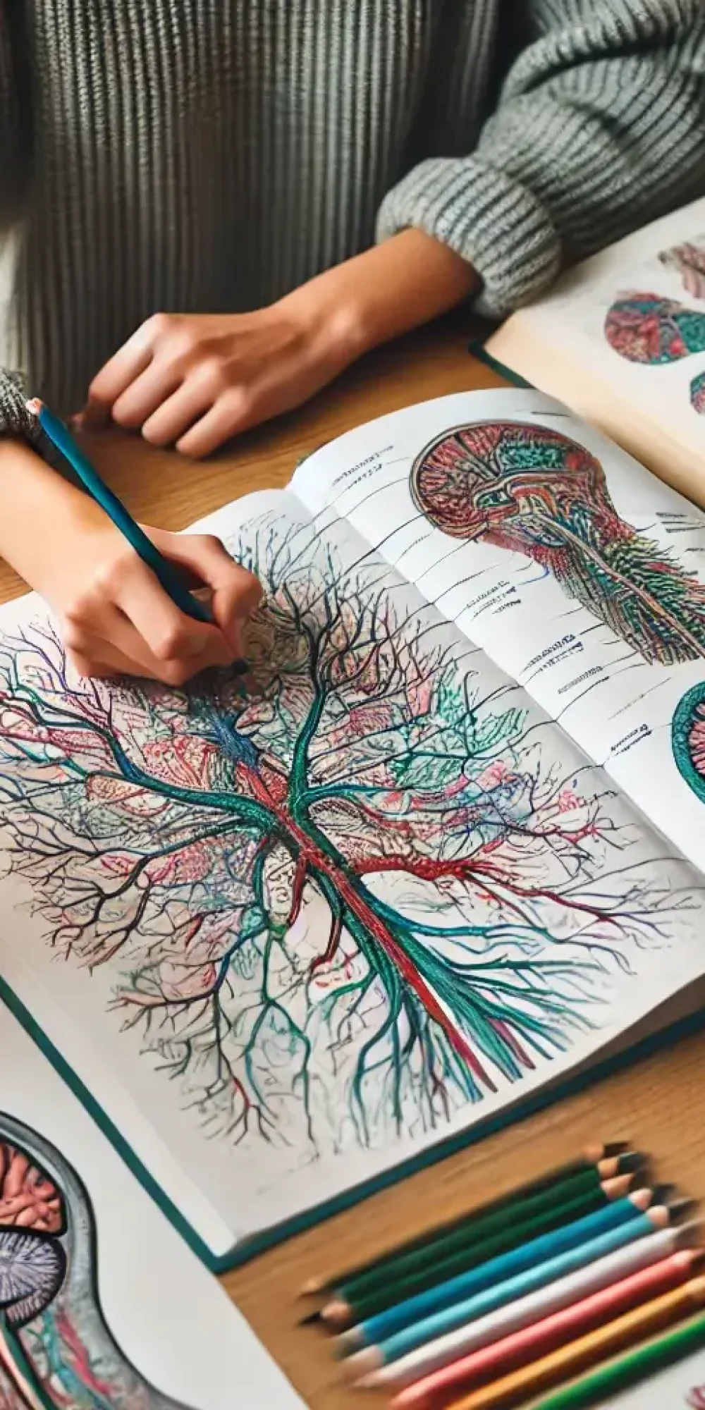 DALL·E 2024-10-17 17.23.16 - A person coloring a detailed illustration of the nervous system from an anatomy book. The person is surrounded by study notes, open anatomy textbooks, 3